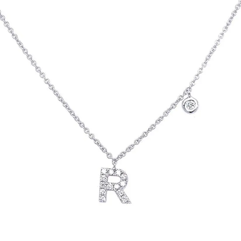 Initial Necklace Letter R with Diamond – 14k White Gold