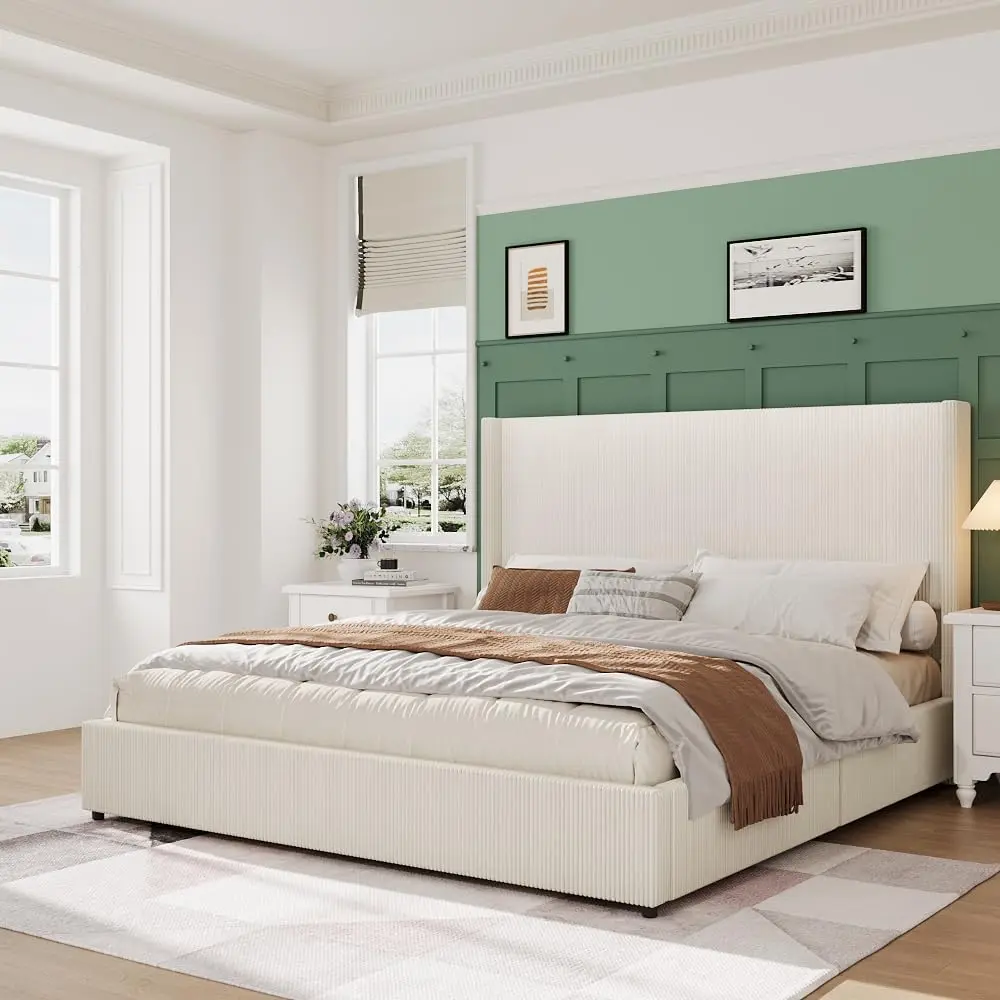 Gaomon Queen Bed Frame - Corduroy Upholstered Platform Bed Frame, Wingback Tufted Headboard & Footboard, with Storage Drawers, No Box Spring Needed, Beige, Bed Frames