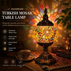 GKV Turkish Mosaic Glass Table Lamp - DIY Handmade Luminous Old-World Atmospheric Desktop Lamp, 3-Color Adaptive, Bedroom Living Room Decor, Holiday Valentine's Day Gift, Atmospheric Table Lamps, Desktop Table Lamps