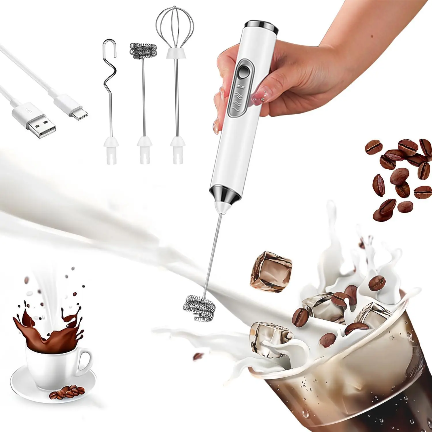 Electric Handheld Blender - 3 Detachable Heads, USB Rechargeable, 3-Speed Coffee Equipment with Compact Small Body Milk Frother for Daily Use Latte, Cappuccino Prep