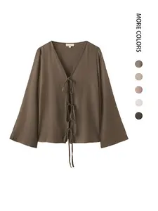 Women's Lightweight Linen Tie-Front Long Sleeve Top, Casual Summer Fashion, Breathable & Comfortable Design, Perfect for Daily Wear