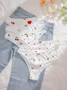 Women's 5pcs Heart & Cherry Print Flowers Decor High Waist Knicker, Cute Soft Comfy Breathable Panty for Daily Wear, Underwear for All Seasons Valentine's Day