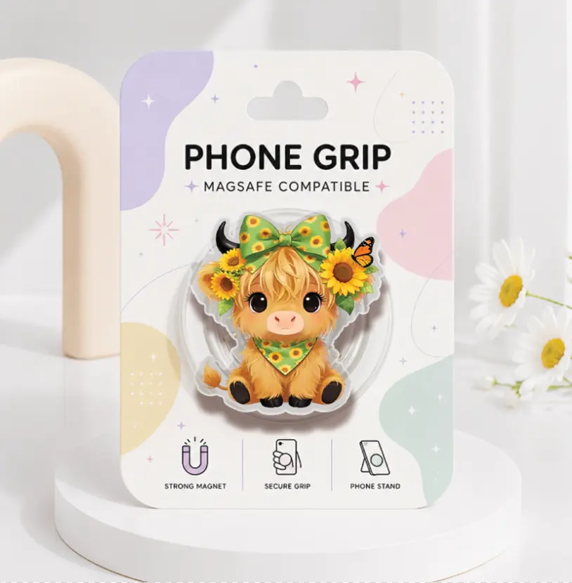 (Hot) Sunflower Highland Cow Phone Grip Magsafe, Summer Coquette Farm Animals Phone Holder, Funny Phone Grip, Cartoon Kindle Grip,  Gift For Girls Boys