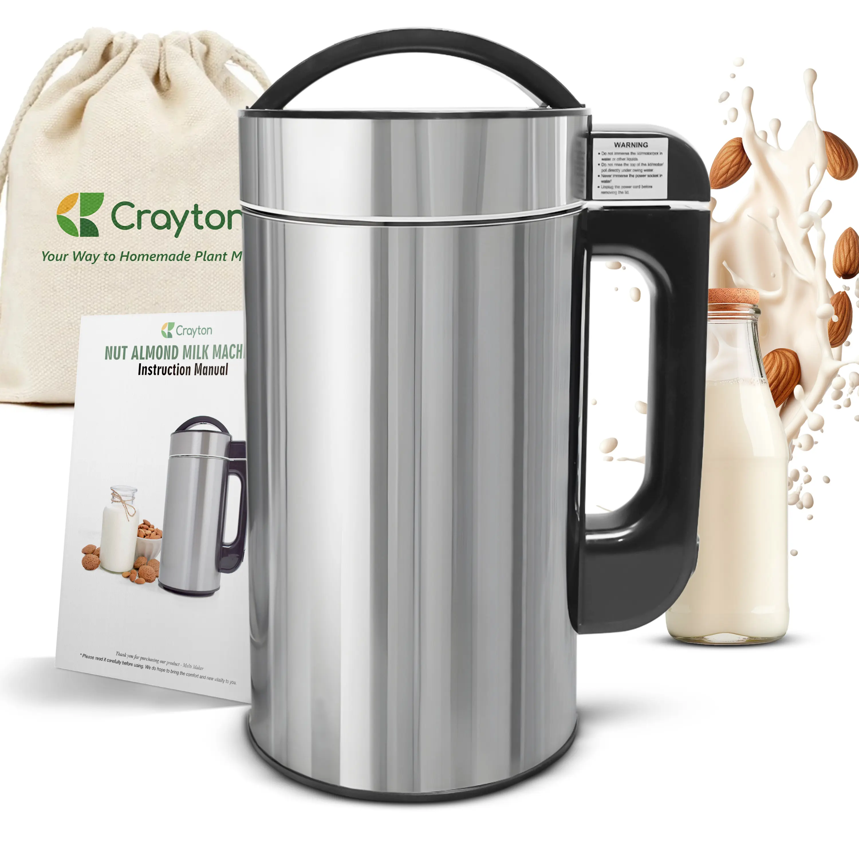 Crayton 7-in-1 Nut Milk Maker Machine with Built-in Strainer, 51oz Capacity, 120W Motor, 304 Stainless Steel, 7 Modes, Automatic Cleaning Function for Homemade Drinks (Soy, Almond, Oat)