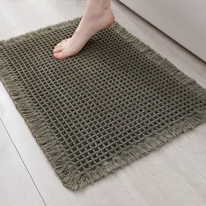 Waffle Bath Mat with Ultra Absorbent Polyester, Non-Slip Transparent Rubber Backing, Stylish Woven Tassels, Water Absorbent Mat, Bathroom Floor Mat, Bathroom Rug