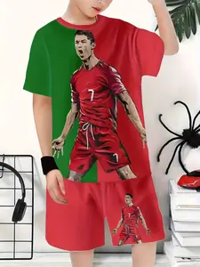 Football Star Theme Short Sleeve Shorts Set, Print Cristiano Ronaldo Style, Summer Casual Athletic Wear for Kids