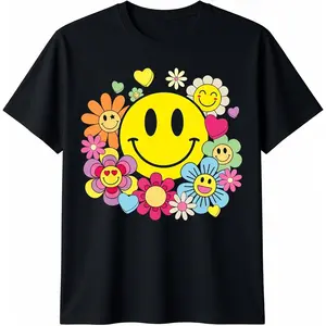 Men's 100% Cotton Retro Funny Graphic Tee - Casual Streetwear Short Sleeve Tops, Soft Fabric, Double Stitch, Full Cut, Cute Cartoon Smile Face, Flower, Heart Designs