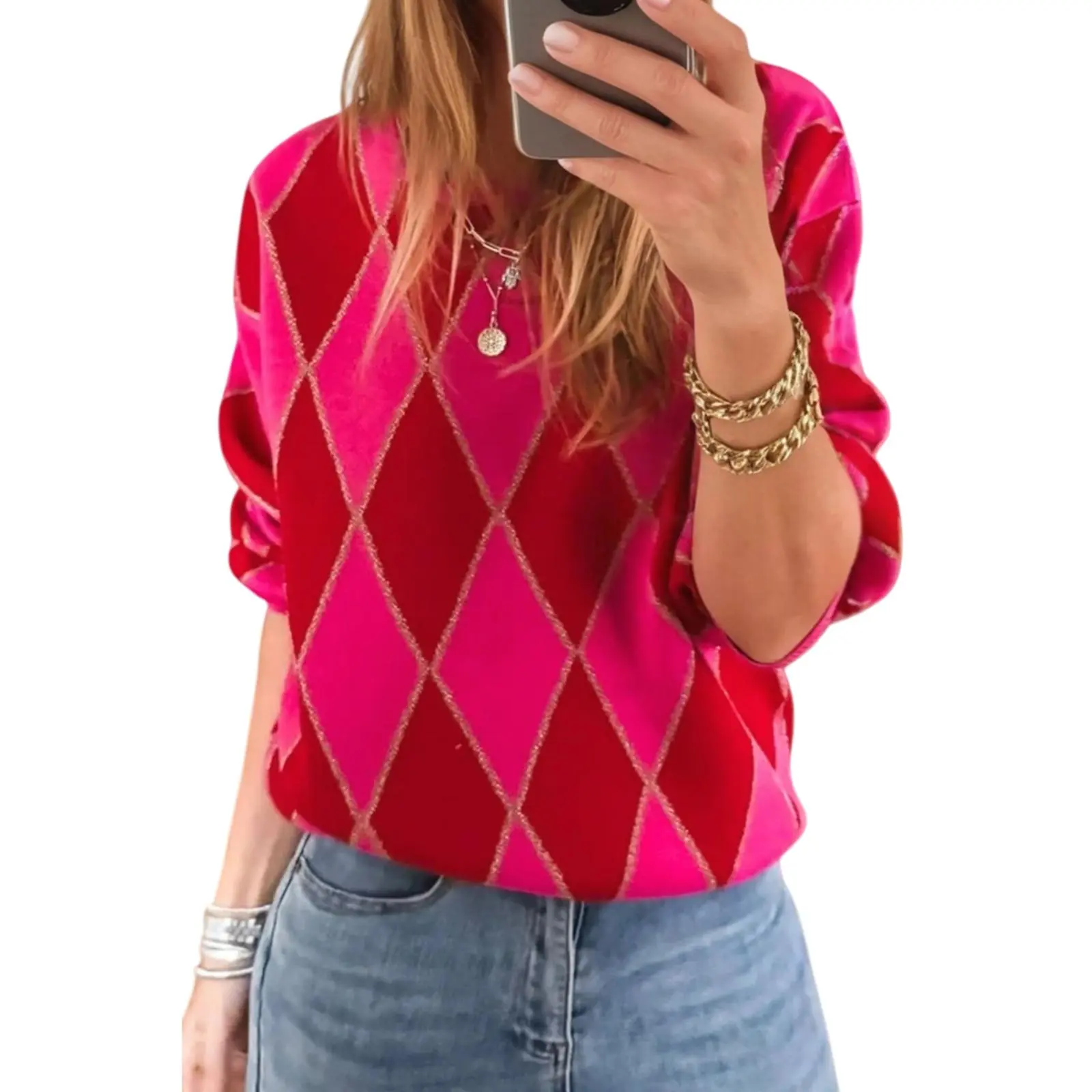 Asvivid Women's Glitter Rhombus Argyle Pattern Knit Casual Cute Sweater Pullover Jumper Tops Long Sleeve / Sleeveless Knitwear for Spring Fall Valentines Outfits Womenswear