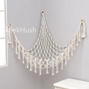 SleekHush 60in Hand-woven Cotton Rope Triangular Storage Net, Hangable Organiser, Wall-mounted Corner Hanging Basket for Bedroom Dormitory, Boho Decoration, Large Capacity, Durable, Stretchable, Easy to Install