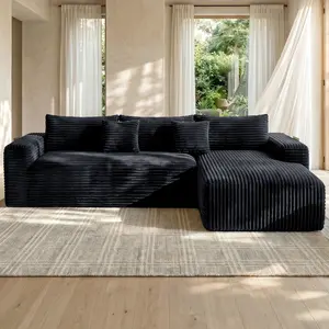 【Summer Wins】Joylsle Black/Gray 103“ Modern Corduroy Modular Sectional Sofa, Flexible L-Shaped Couch Convertible to Daybed for Movie Night, 2 Packages, Includes 1 Reversible Chaise & 2 Accent Pillows, Dark Blue，a cloud couch，sofas living roo
