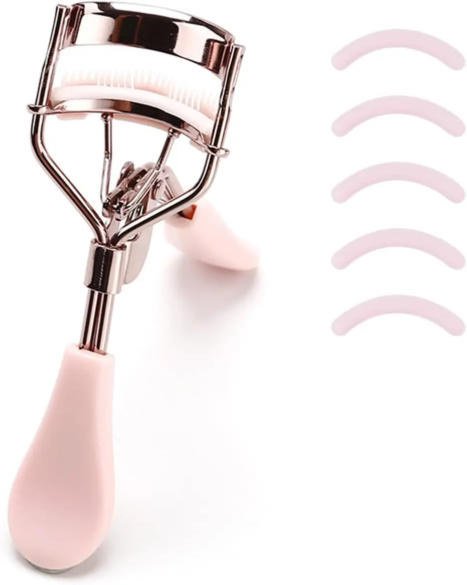 Stainless Steel Eyelash Curler with Built-in Comb Pinch Pain-Free Suitable for Any Eye Shapes and Sizes, with 5 Silicone Refill Pads (Champagne Gold Pink)