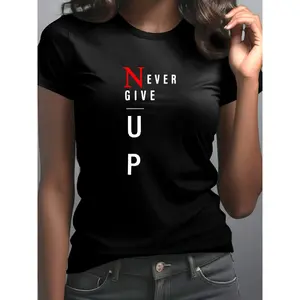 Calvin Women's "NEVER GIVE UP" Motivational Print T-Shirt - Black Casual Short Sleeve Round Neck Top, Breathable cotton, Machine Washable, Sporty Style for Casual Attire & Fashion Enthusiasts, Modern Women's Tee, Medium Stretch Shirt