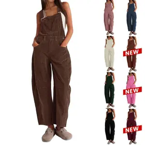 Women's Corduroy Overalls Barrel Wide Leg Bib Pants Adjustable Romper Jumpsuit with Pockets Women's Wear Trouser Wideleg Basic Navy Sleeveless Strap Strappy Womenswear Casual Strapless Denim Button Minimalist