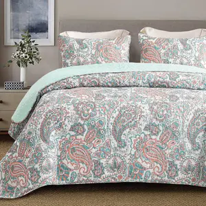 Reversible Boho Quilts Queen Size, Aqua Bedspreads Lightweight Coverlet All Season Paisley Quilt Bedding Set with Printed Floral Pattern (1 Quilt, 2 Pillow Shams)