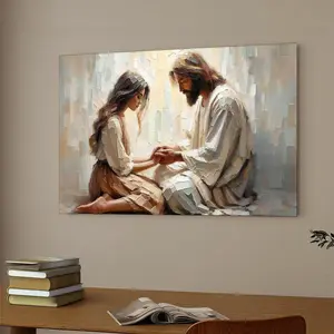 Comfort in Him Modern Christian Art Jesus and Woman Holding Hands LDS Bible Wall Art Canvas Print for Home Decor 12x18 Inches - Decoration