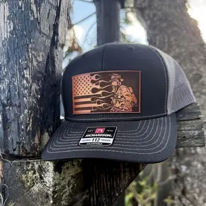 Firefighter Flag Hat, Leather Patch Hat, Richardson 112 Trucker Cap, Fireman Gift, Patriotic Hat with Flames and Flag