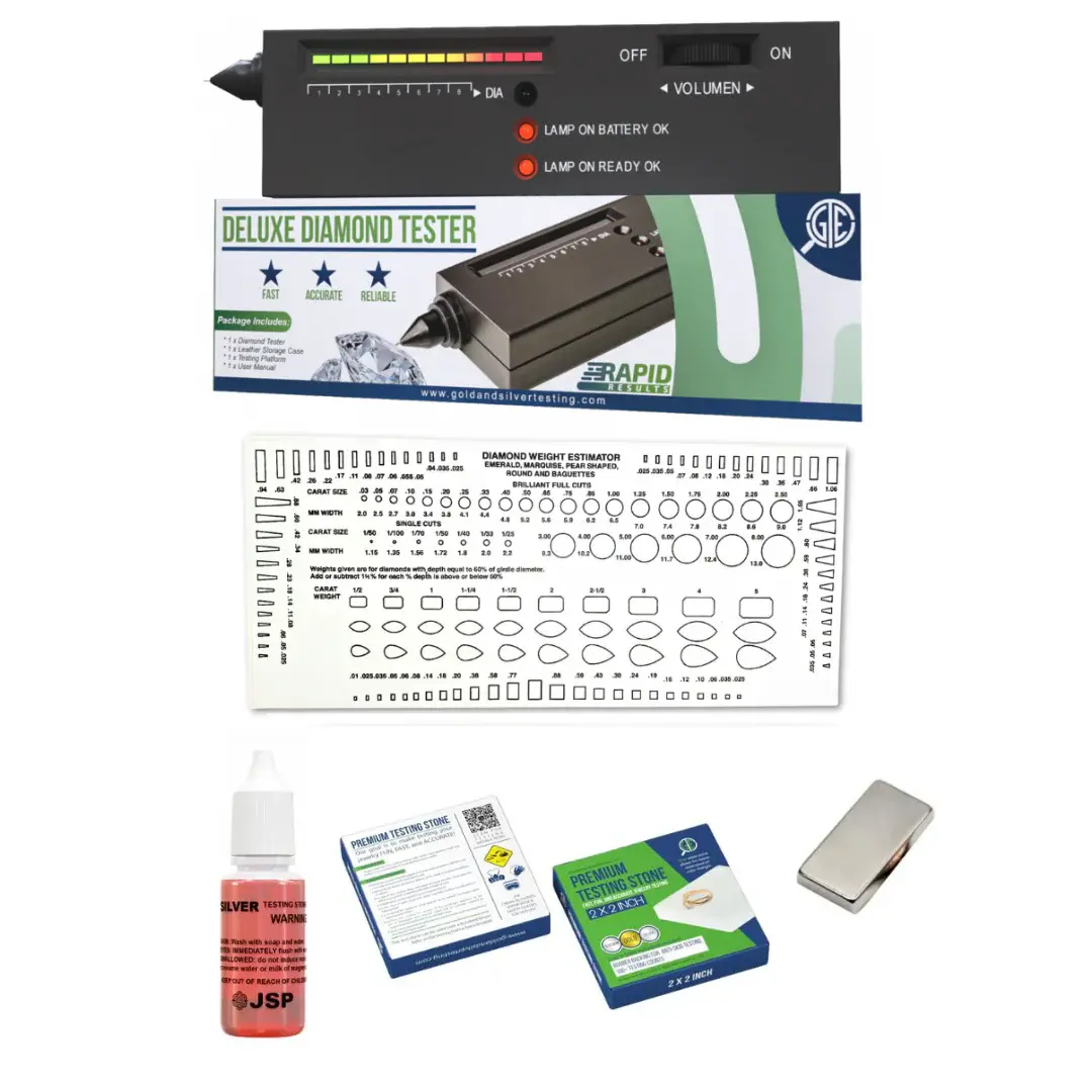 GTE Electronic Diamond Analysis Tool & Jewelry Testing Kit - 13,500 Gauss Rare Earth Magnet Purity Tester, Carat Size Gauge, 2"x2" White Stone, Gold & Simulants Detector, Easy-to-Follow Instruction Booklet with Color Chart for Jewelers