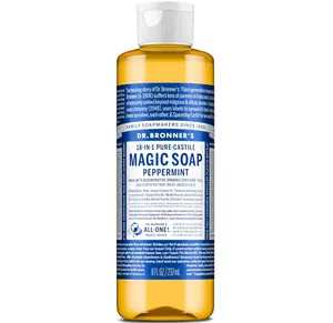 Dr. Bronner's Pure-Castile Magic Liquid Soap (Peppermint, 8 Ounce)- Made with Organic Oils, 18-in1 Uses: Face, Hair, Hand & Body Soap, Laundry, Pets- Concentrated, Vegan, Non-GMO