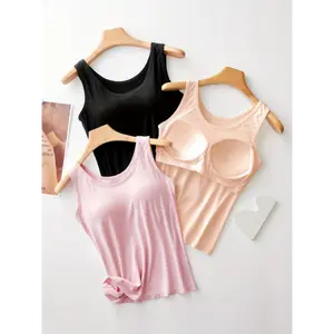 3pcs Pack Women's Vest, Built-in Bra, Seamless Design, Yoga And Casual Layering Undershirt, Base - Suitable for Summer, Vacation, Beach Party Coat Solid Color, Black & Pink Apricot