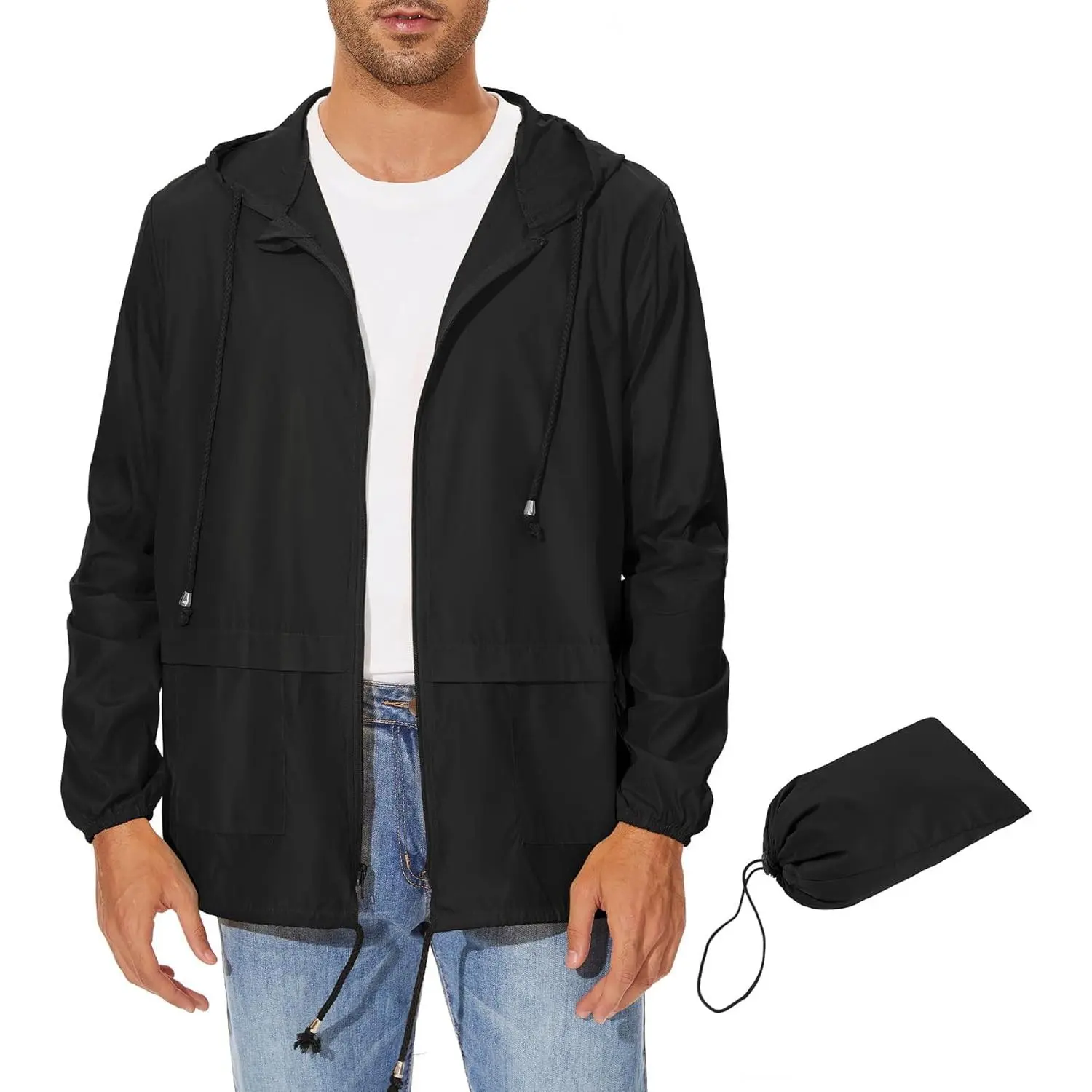 Men's Waterproof Rain Jacket, Lightweight Packable Polyester Windbreaker with Hood for Outdoor Sports and Hiking, Tops, Menswear, Pockets, Elastic, Clothes, Foldable