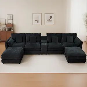 U Shaped Sectional Cloud Couch for Living Room,144" Comfy Fluffy Modular Sofa with Movable Ottoman Modern Chenille 6 Seat Sectional Sofa Set with Storage Box, Cup Holders,Black-Grey