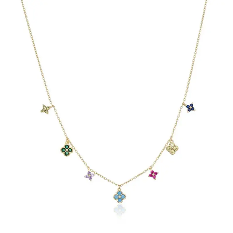 Multilayer Necklace for Women in Gold-Plated Sterling Silver, Dainty Multi-Color Floral Clover Pendant, 16-Inch Chain