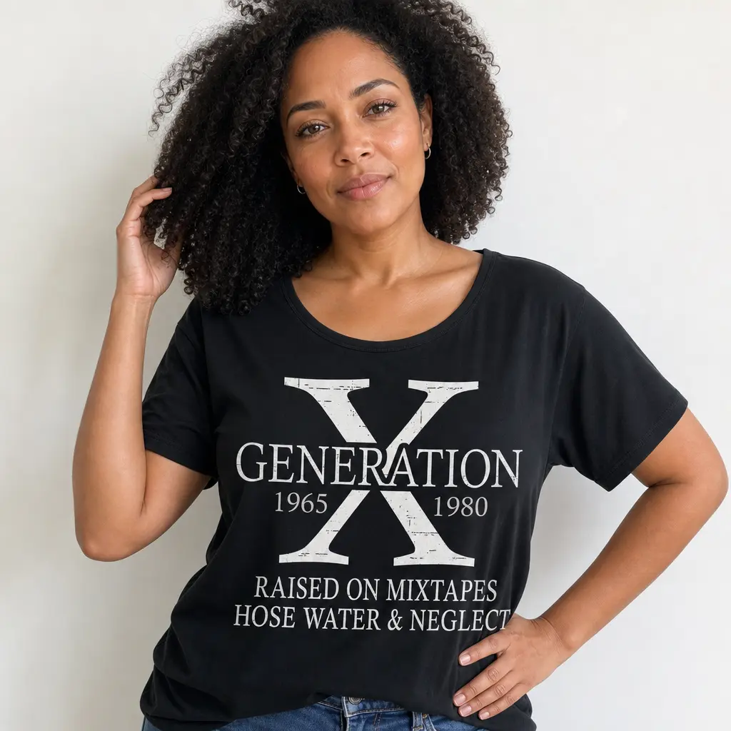 Women's Gen X Sports Top, Retro Humor Tee with Nostalgic Saying, Soft-Feel Shortsleeve Sarcastic Apparel, Relaxed Fit, Print, Everyday, Casual, Graphic, Denim, Humor Graphic Tee, Coffee Runs, Loose-Fitting, Raised On Mixtapes, 2Xl, 3Xl, All Seasons, Women