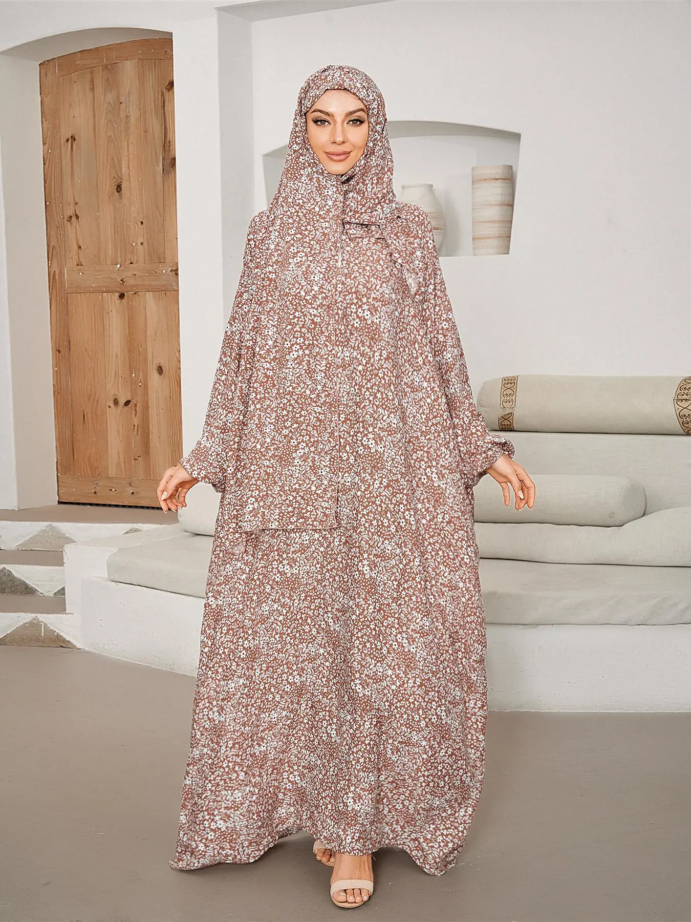 Women's Ditsy Floral Print Hooded Robe Abaya, Modest Long Sleeve Muslim Dress, Ladies Islamic Clothing for All Seasons, Modest Muslim Outfits, Modesty Abaya, Modesty Wear, Abaya Outer Robe