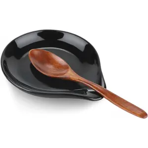 Ceramic Spoon Rest, 5 Inch Spoon Holder for Stove Top, Kitchen Counter, Utensils, Ladle, Coffee Spoons, Cooking spoons, Spatula, Tongs, Heat-Resistant, Housewarming Gifts, Glossy Black