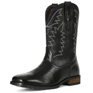 Mens Cowboy Boots Chic Square Toe Vintage Embroidered Durable Chunky Block Heel Gifts Summer Boots Mid Calf Short Boties for Work Party Outdoor Hunting Shoes