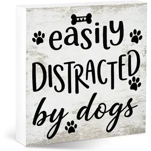 Easily Distracted By Dogs Pet Desk Sign Rustic Farmhouse Design Wooden Room Decor Vintage Plaque Decor for Dog Pet Lovers Moms Parents Gifts for Farmhouse Home Kitchen Living Room Women Men 5x5 inch