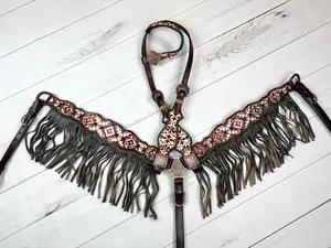 Brown and Cream Designed Leather Fringe Tack Set