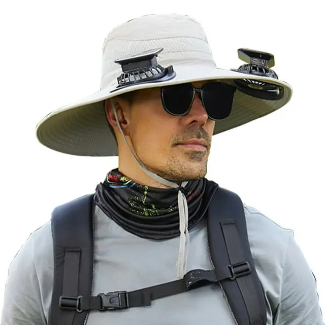 Littleplum Solar Fan Hat Wide Brim Outdoor Sun Protection with 2 Solar Fans 3 Wind Speed Adjustments Waterproof Removable for Men Gray All Seasons