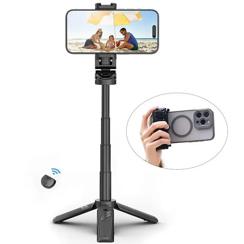 ULANZI JJ02 Selfie Stick Tripod, Extendable Grip Phone Tripod with Detachable Remote Pocket Size, 3-in-1 Mini Phone Grip 2 Cold Shoe, 10m/393.7'' Wireless Shutter, Vlog Livestreaming Photography