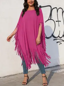 Plus Size Fringe Asymmetrical Top, Round Neck Loose Fit, Full Fringe Design, Casual Style, Everyday, Conceals Fat, Slimming Effect, Daily Wear Womenswear