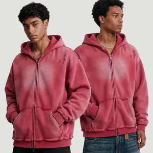 Vintage Washed Zip Up Hoodie Heavyweight 400G Oversized Faded Hoodie Y2K Streetwear Full Zip Jacket Layer Pullover Menswear Soft Thick