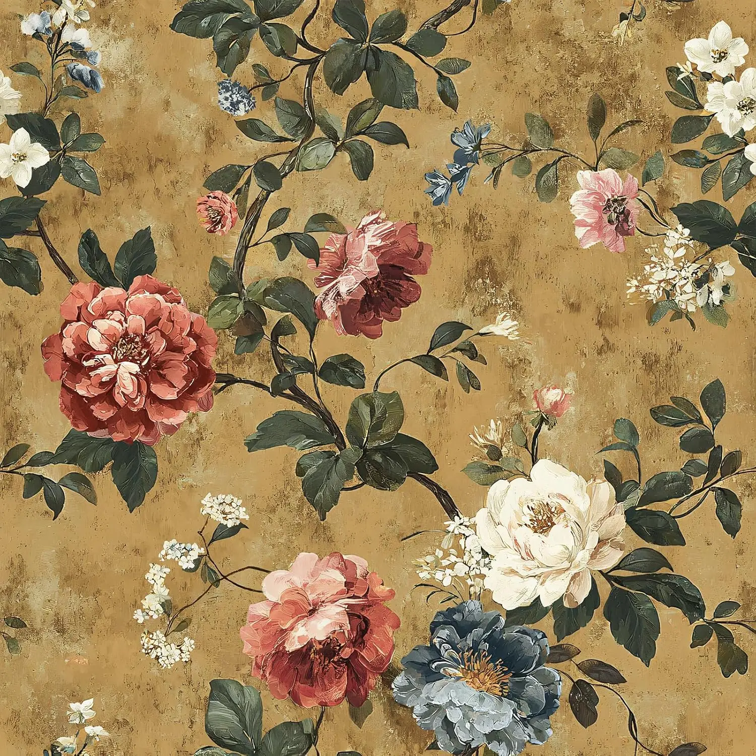 VEELIKE Antique Mustard Yellow Floral Peel and Stick Wallpaper Vintage Chinoiserie Wallpaper 17.7''x354'' Self Adhesive Contact Paper Removable Cottagecore