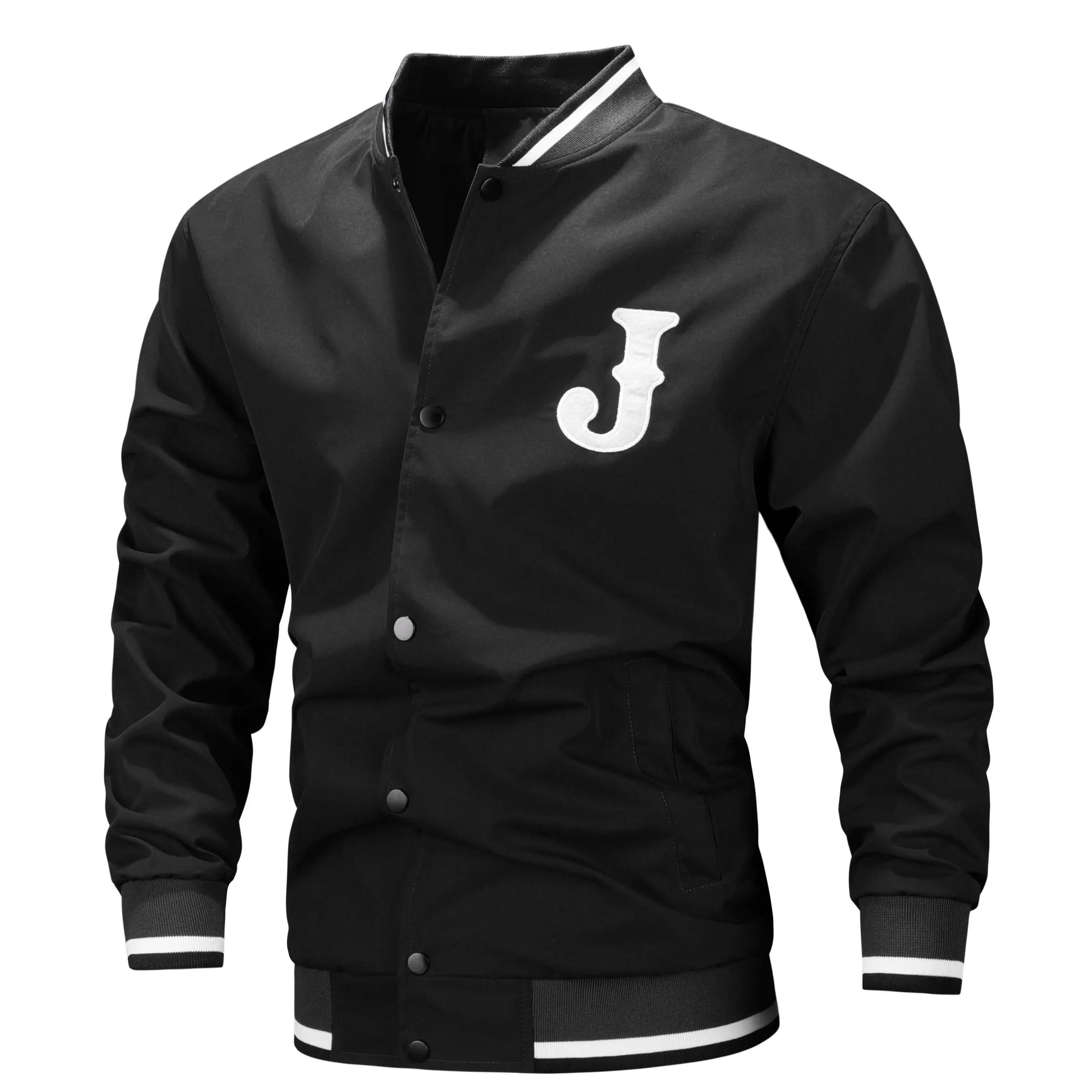 Men’s vintage varsity jacket, lettered baseball jacket, stand collar with ribbed texture, snap-button closure, patch detailing, casual streetwear outerwear