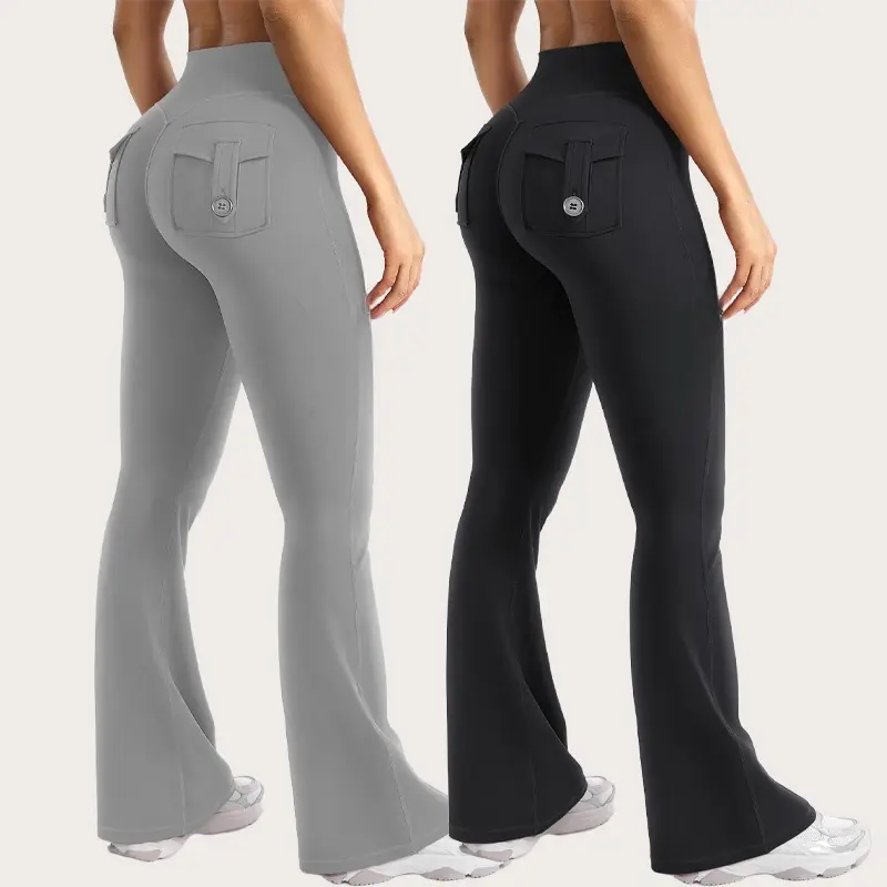 AIbart 2-pack high-waisted women's slightly flared trousers with pockets, available in gray and black, comfortable and versatile for daily wear, Button, Everyday