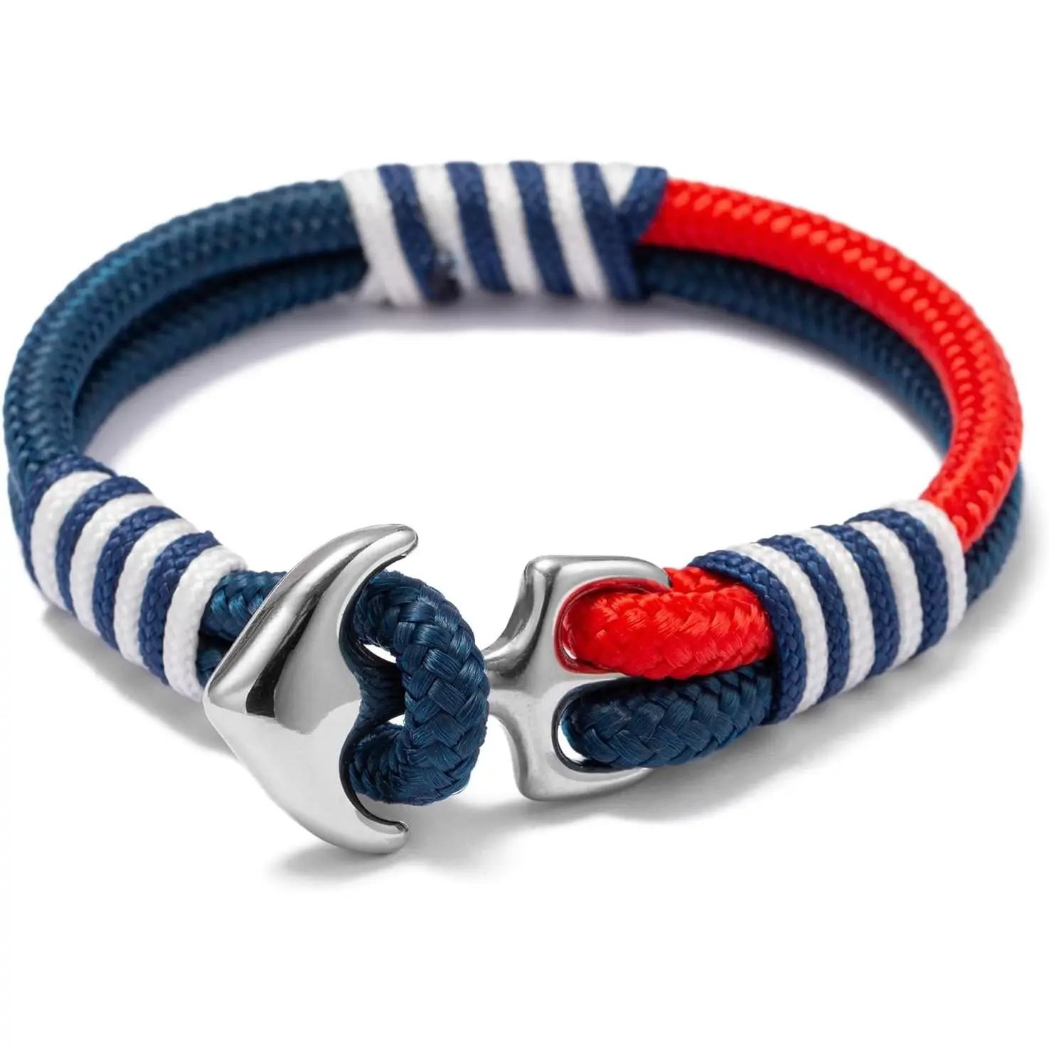 Men's Nautical Anchor Cuff Bracelet, Handmade Black & Blue Stainless Steel Rope Wristband with Lobster Claw Clasp