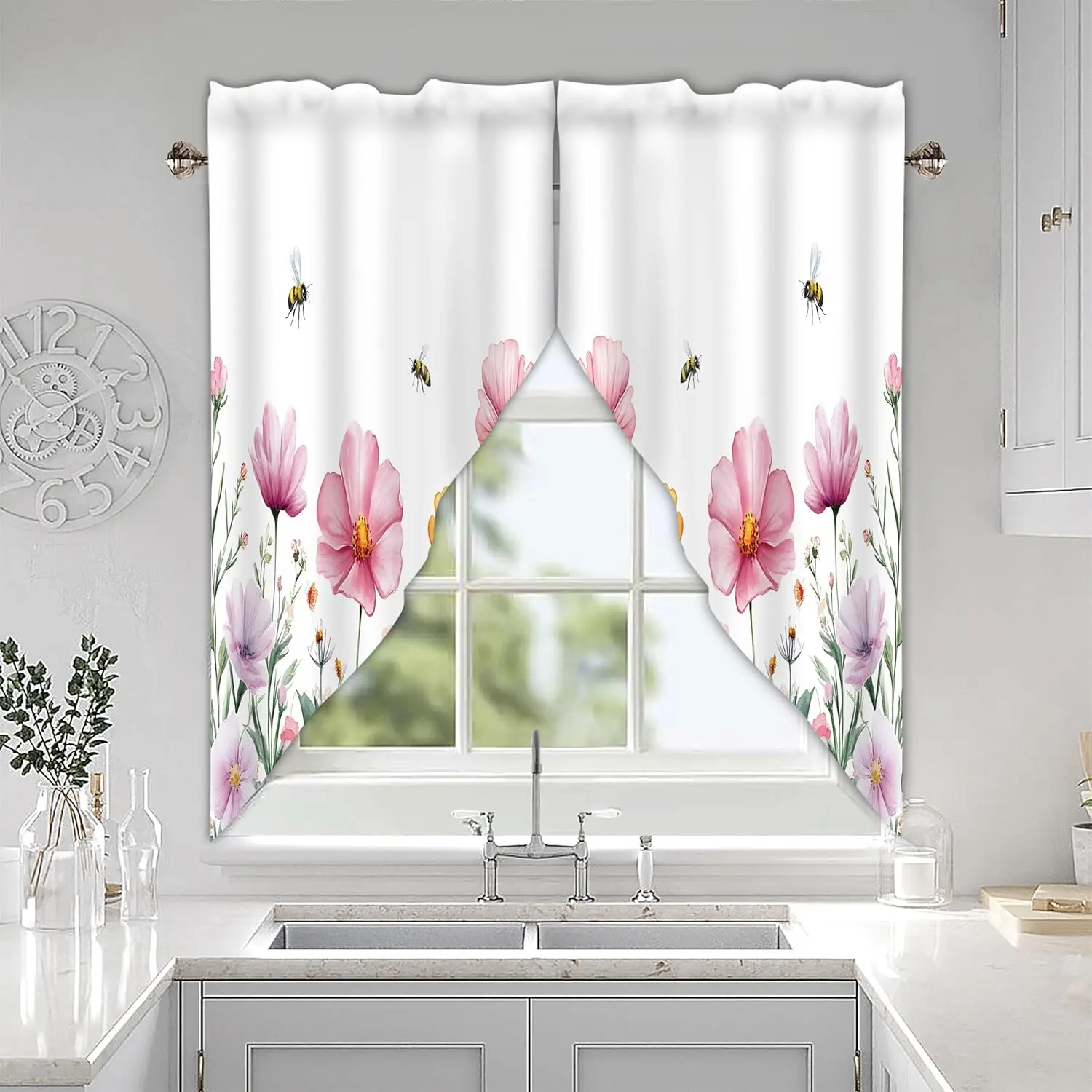 Wildflowers & Bees Pink Floral Rod Pocket Curtain Valance - Wrinkle Resistant, Anti-Shrink Small Window Treatment Topper, 28x36 In Black Gray Textile, for Kitchen, Basement Home Decoration