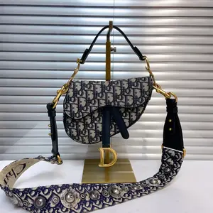 Pre-owned Dior canvas Crossbody Bags Christian Oblique Mini Saddle Bag Blue 57075362