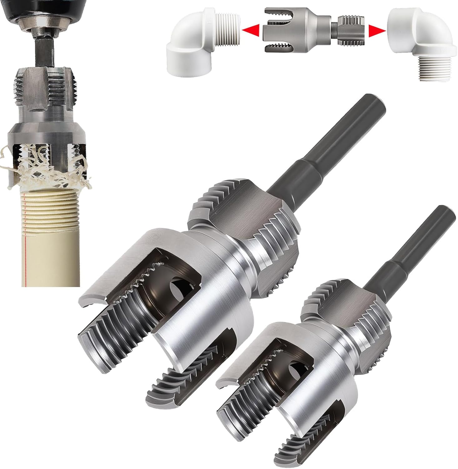 VAYWET 1/2'' 3/4'' PVC Pipe Thread Cutting Tool Integrated Internal & External Pipe Threading Tool Upgrade Pipe Thread Cutting Tool for Plumbing DIY Plastic Pipe Rethreading Tool,Pipe Threader Cutting Maker Tool for Electric Drill