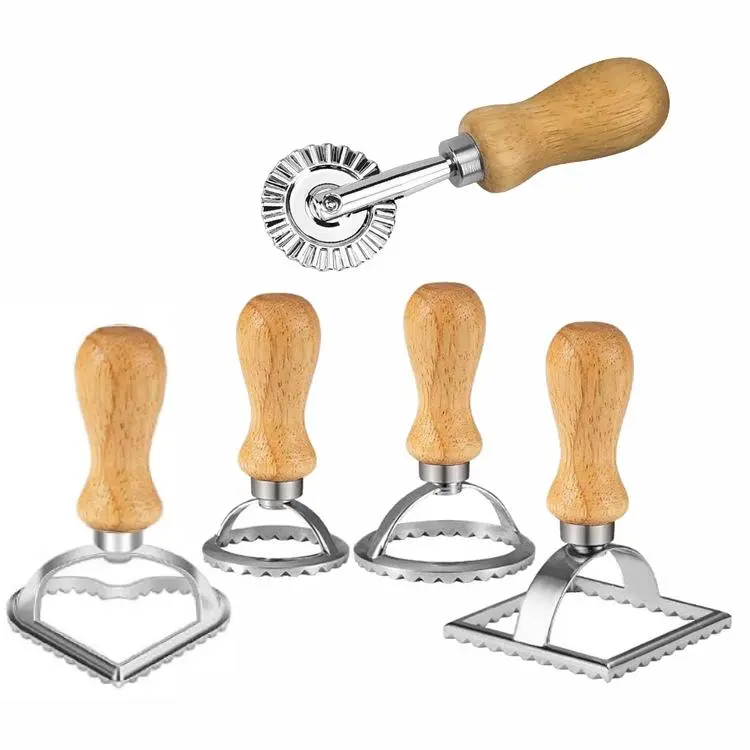 Durable 5-Pack Round Aluminum Dumpling Stamp Maker Cutter Set with Wood Handle, Fluted Edges, Versatile Roller Wheel, 1 Heart-Shaped & Square Cutters, Generous Filling Capacity, Efficient Production Pasta Press Kitchen Utensil for Dumplings, Pasta