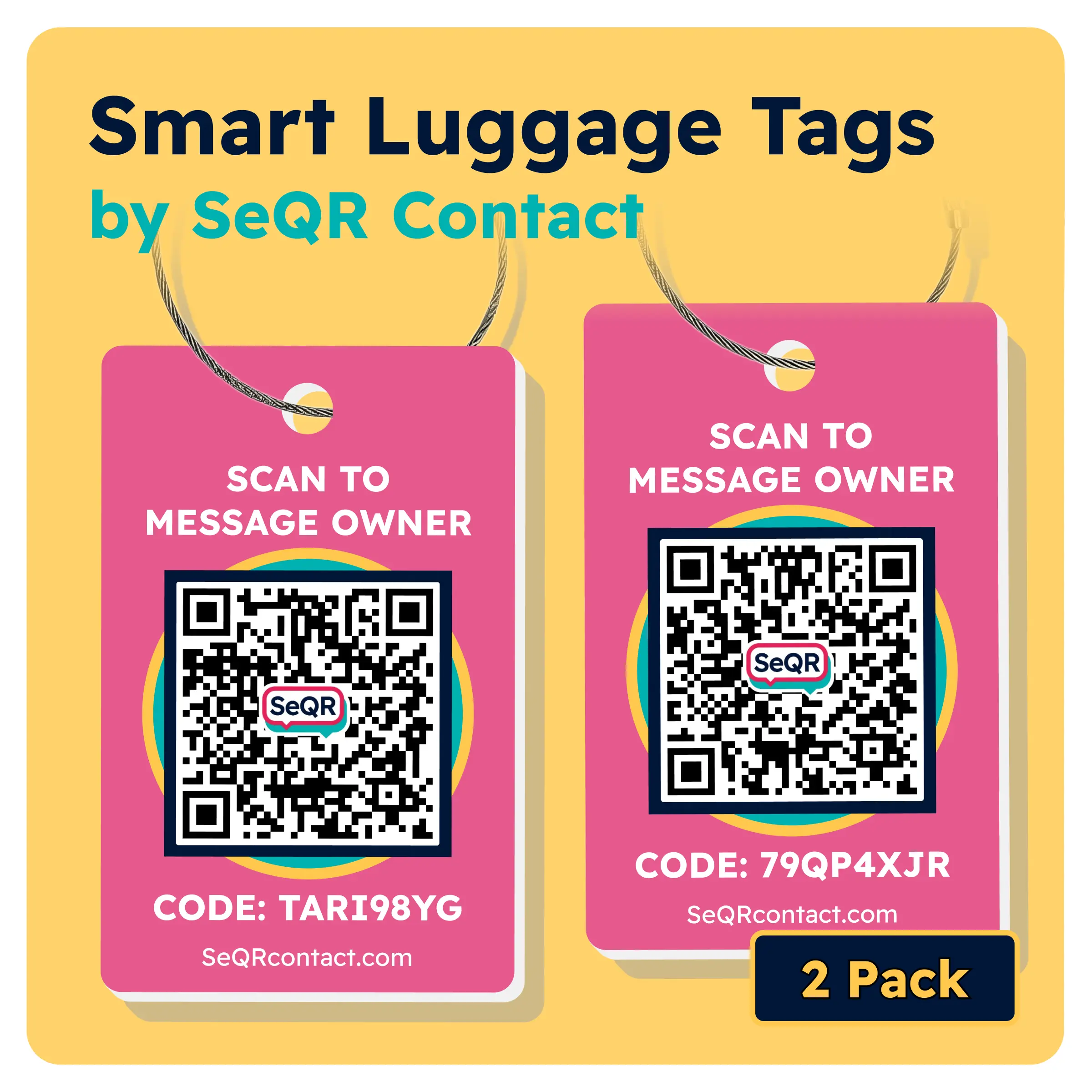 Smart Luggage Tags (Pink 2-Pack) | Keeps Personal info Private With Privacy QR Code | Use with Away GPS Bag Locator & Air Tag | Android or iOS