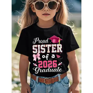 Proud 2026 Senior Sister Graphic Kid T-Shirt, Cute Coquette Aesthetic Family Novelty Top, Trendy Casual All-Season Weekend Wear for 2026 Graduate's Sibling