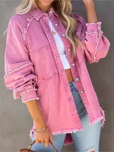 Plus Size Women's Pink Denim Jacket Coats with Button Front Frayed Hem Pockets Casual Western Shacket Chic Outerwear Tops