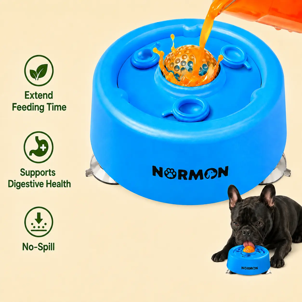 Normon Slow Feeder Dog Bowl with Suction Base, No-Spill Dog Lick Bowl for Bone Broth, Yogurt & Liquid Treats, Rolling Ball Pet Feeding Bowl for Puppies, Small Medium Large Dogs