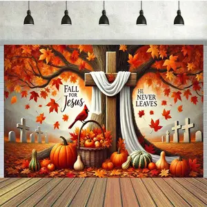 Fall for Jesus Polyester Photography Backdrop Autumn-Themed Party Banner with Maple Trees Pumpkins Cardinal Ideal for Home Garden Yard Celebrations Photo Booths Versatile Wall Hanging Sign