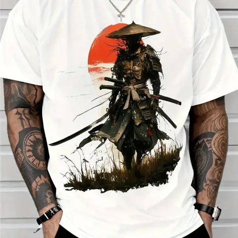 Japanese Samurai Graphic T-Shirt for Big Men - White Cotton Tee with Black Samurai Design, Ideal Casual Wear for Summer, Perfect for Streetwear Style - Great Gift for Anime Fans and Fashion Enthusiasts